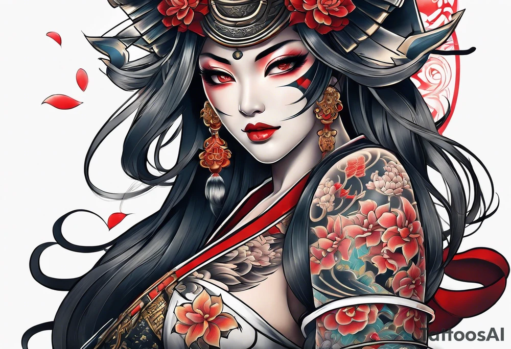 leg tattoo, full leg, oni, girl, oni girl, samurai tattoo idea