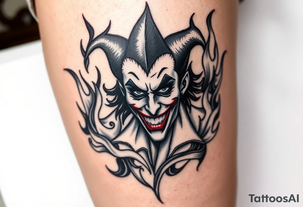 Powerful joker surrounded by flames tattoo idea