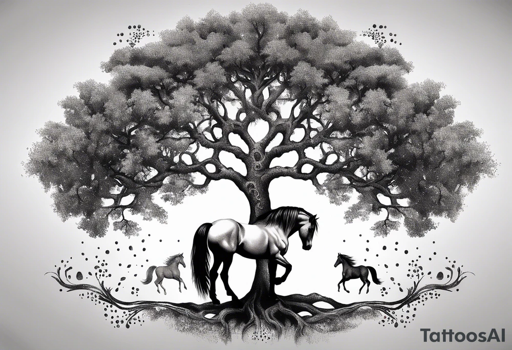 Realistic Horse and Yggdrasil tree tattoo idea