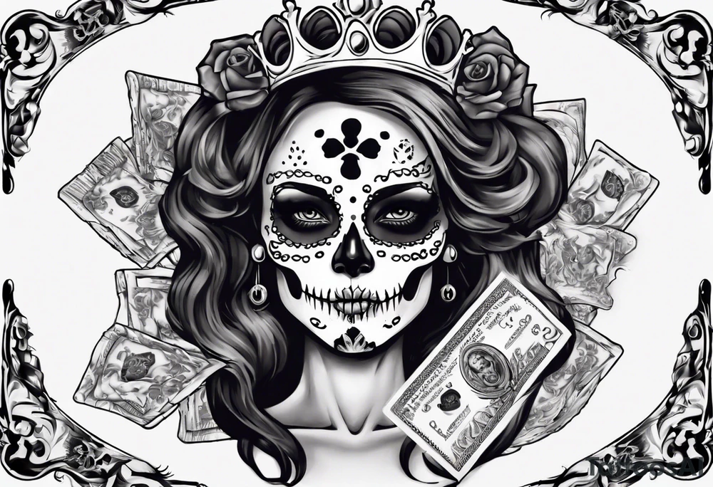 santa la muerta with money and crown
on the card tattoo idea