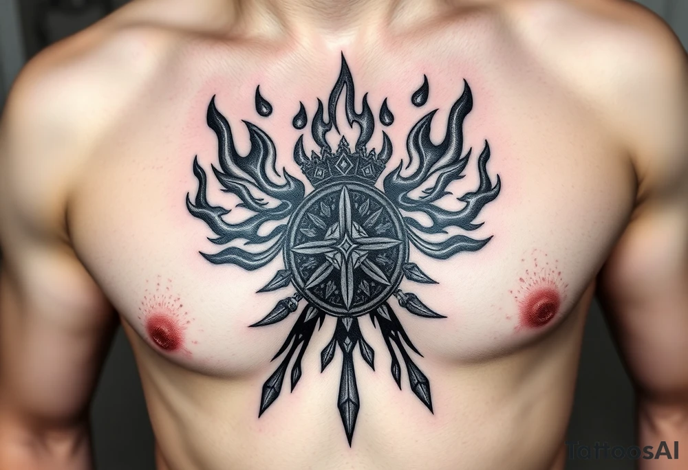 magnificent irish family crest flames with trailing embers and Demonic And mideval Featurs incorporated tattoo idea