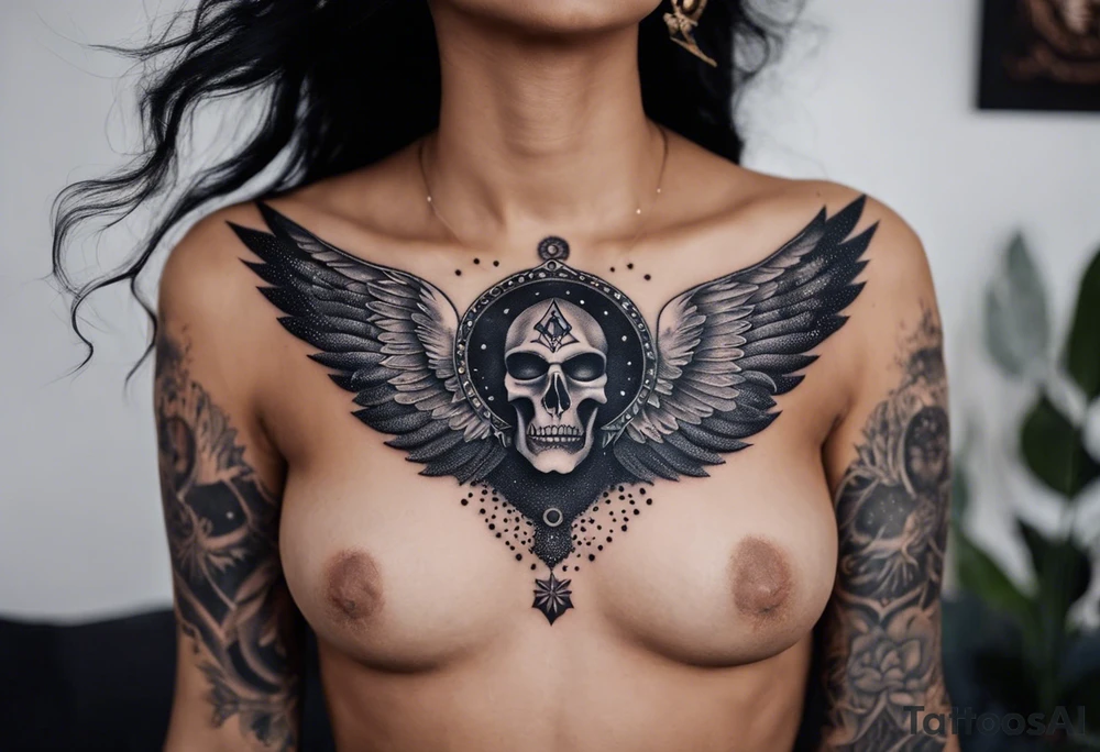 black kali, goddess pirate, alien, angel, pachamama, valkrye, warrior, flying, skull, lotus azul, wing, eagle, zenza resonance, stars, 5D, anahata chakra, death, durga, riding on a tiger, flying lady, chest tatoo tattoo idea
