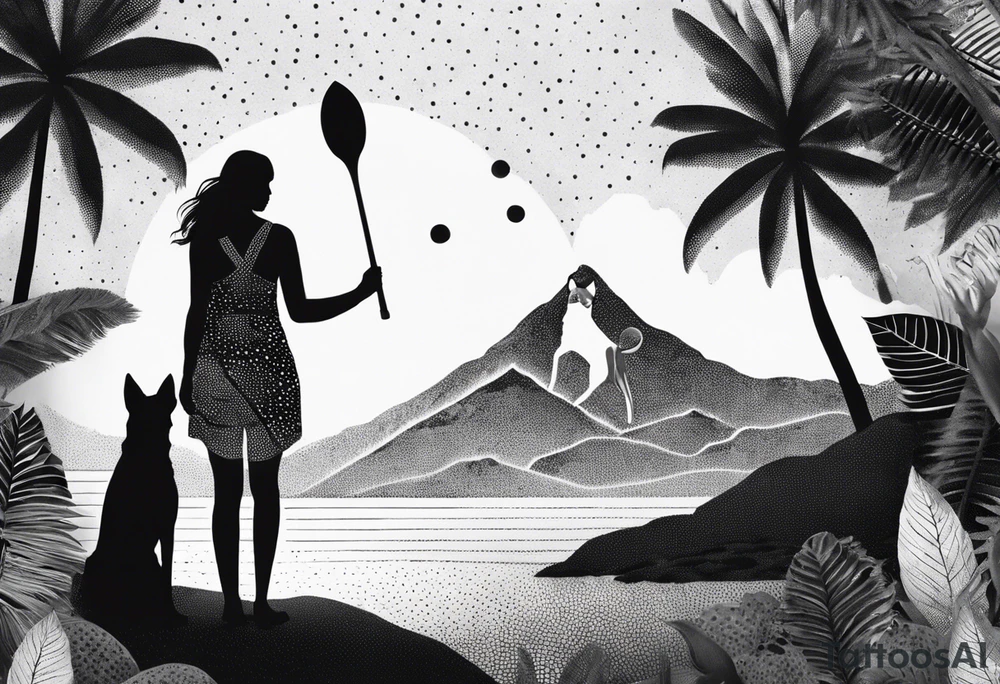 Beach Mountain Racket dog and woman tattoo idea