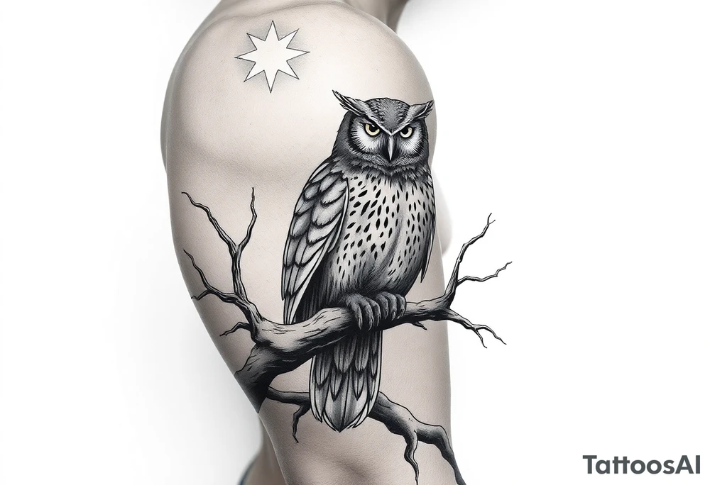 wise owl perched on ancient oak branch under starlit sky tattoo idea