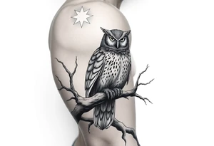 wise owl perched on ancient oak branch under starlit sky tattoo idea