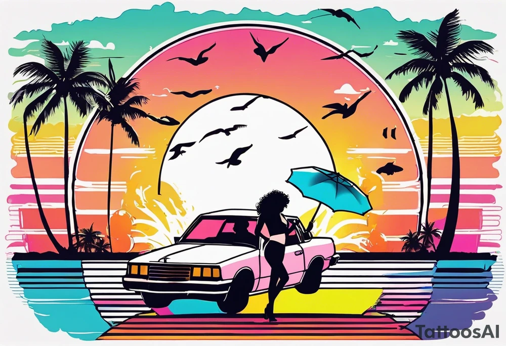 1980's miami vice style beach dance 
party, include confetti, music notes, boom box, bikinis sunset in the center tattoo idea