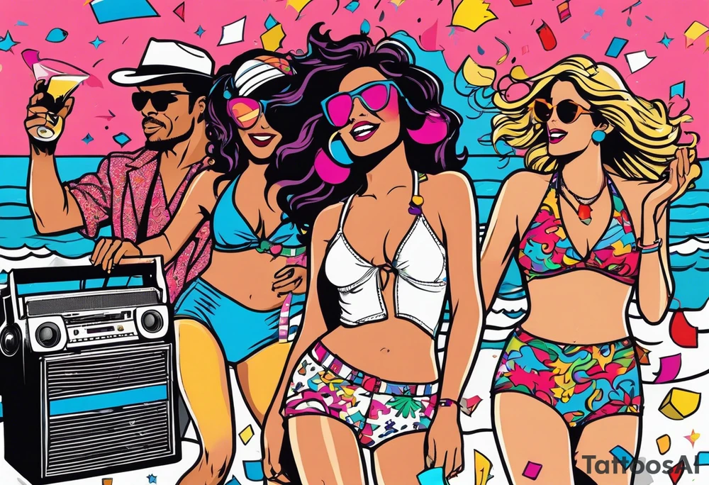 1980's miami vice style beach dance 
party, include confetti, music notes, boom box, bikinis tattoo idea