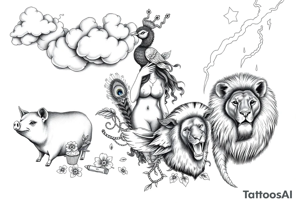 Storm clouds, pig, peacock , fat sexy naked fat woman, cupcakes, noose , money, goat, lion, couple having sex, cigerette storm lightening, killing, darkness, mirror tattoo idea