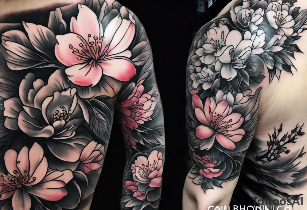 Full sleeve design with cherry blossoms tattoo idea