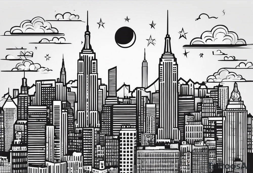 La ciudad de Nueva York con el Chrisler building y la luna como sfondo tattoo idea