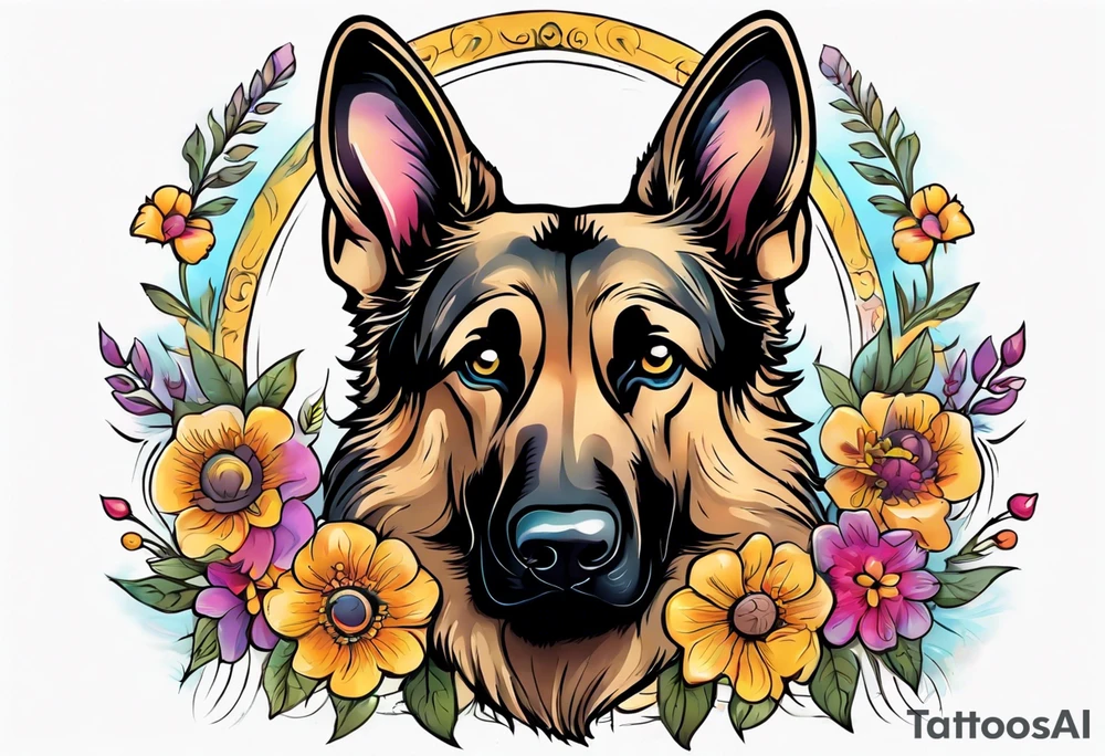 Sable haired German shepherd portrait brightly colored with flowers tattoo idea