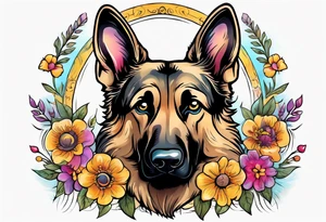 Sable haired German shepherd portrait brightly colored with flowers tattoo idea