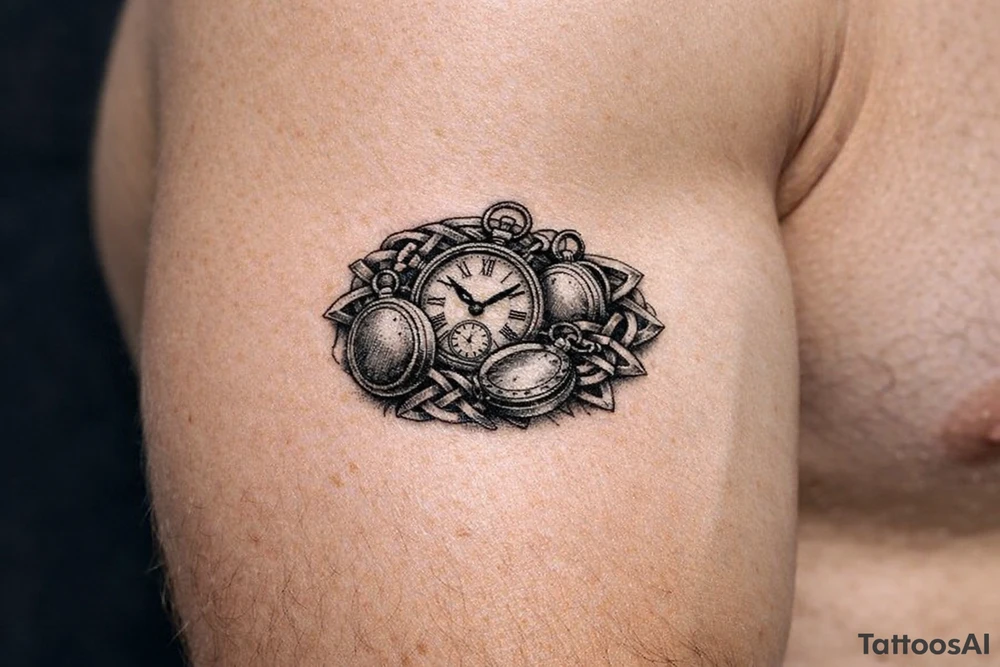 large size Cluster of vintage pocket watches, some open, some closed, woven with Celtic braids. tattoo idea
