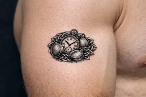 large size Cluster of vintage pocket watches, some open, some closed, woven with Celtic braids. tattoo idea