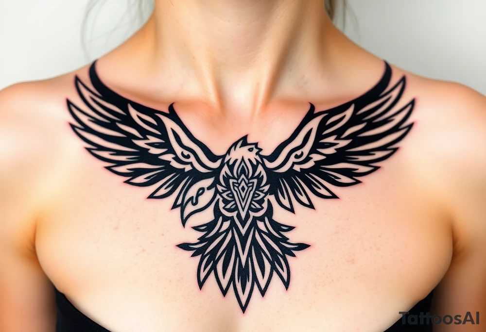 A tribal eagle in black ink with geometric patterns, seamlessly blending traditional and modern tattoo styles tattoo idea