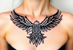 A tribal eagle in black ink with geometric patterns, seamlessly blending traditional and modern tattoo styles tattoo idea