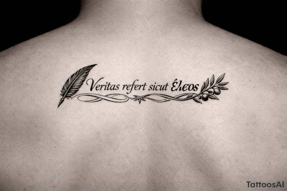 Veritas refert sicut ἔλεος on mid right back with a delicate but clear quill at the beginning and an olive branch at the end and there should be Elegant curvature as a vibe tattoo idea