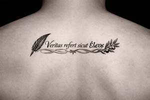 Veritas refert sicut ἔλεος on mid right back with a delicate but clear quill at the beginning and an olive branch at the end and there should be Elegant curvature as a vibe tattoo idea