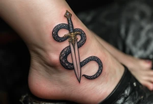 mystical snake coiled around an ancient dagger with jeweled hilt tattoo idea