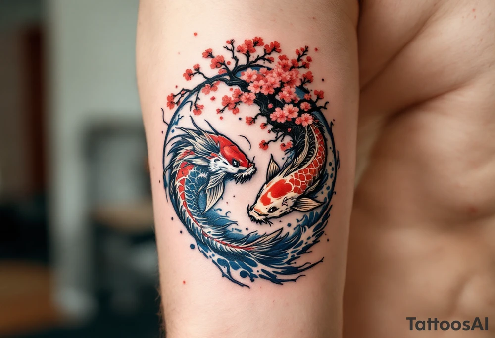 koi fish fighting a dragon in a yin yang format 
with a sakura tree in the background, Japanese inspired piece tattoo idea