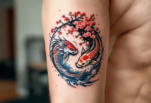 koi fish fighting a dragon in a yin yang format 
with a sakura tree in the background, Japanese inspired piece tattoo idea