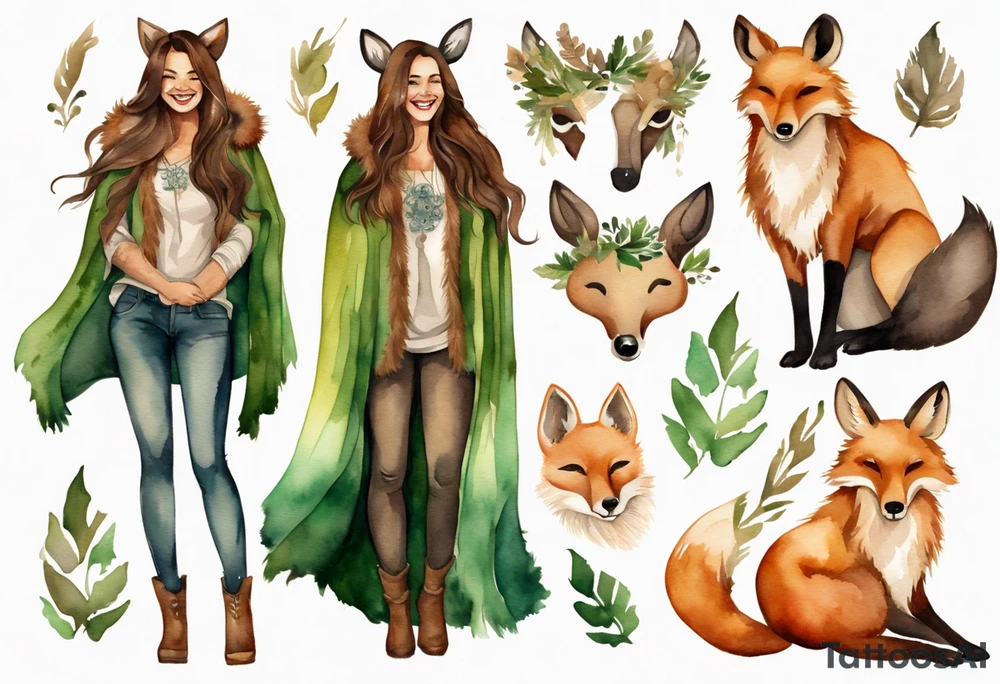 a watercolor of a curvy woman with long brown hair and light brown skin and green eyes wearing a fur cloak laughing standing next to a fox and moose tattoo idea