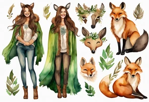 a watercolor of a curvy woman with long brown hair and light brown skin and green eyes wearing a fur cloak laughing standing next to a fox and moose tattoo idea