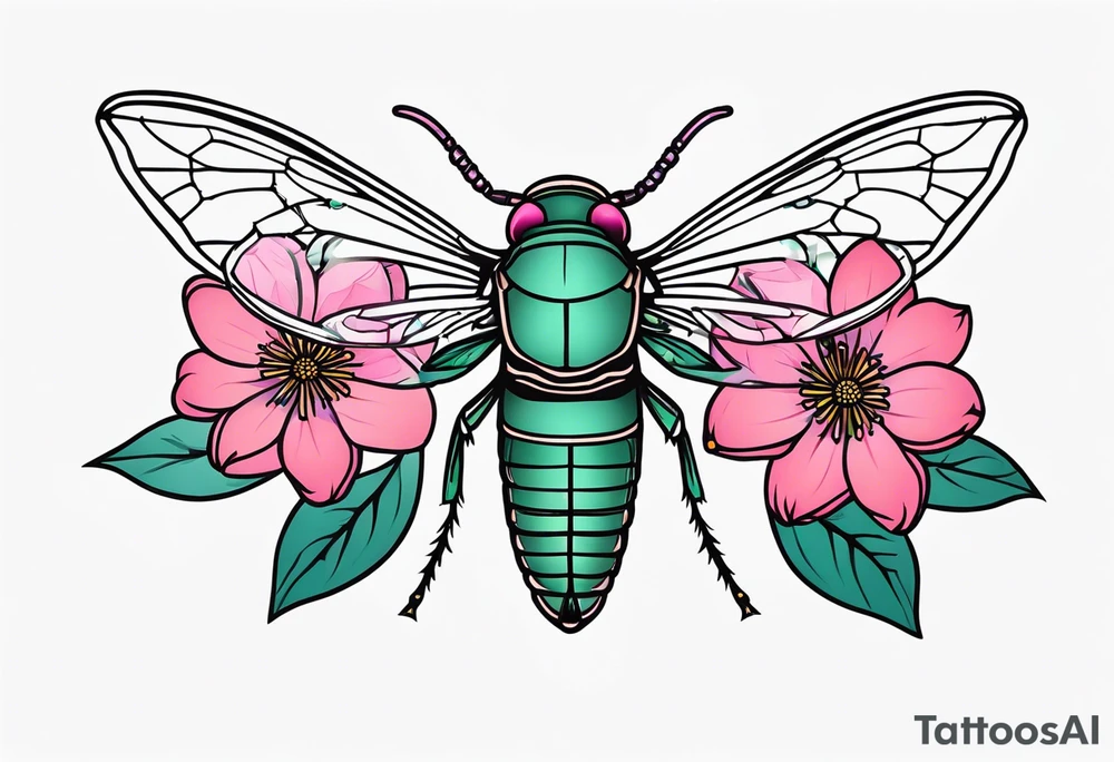 Neo traditional Cicada and pink flower tattoo idea