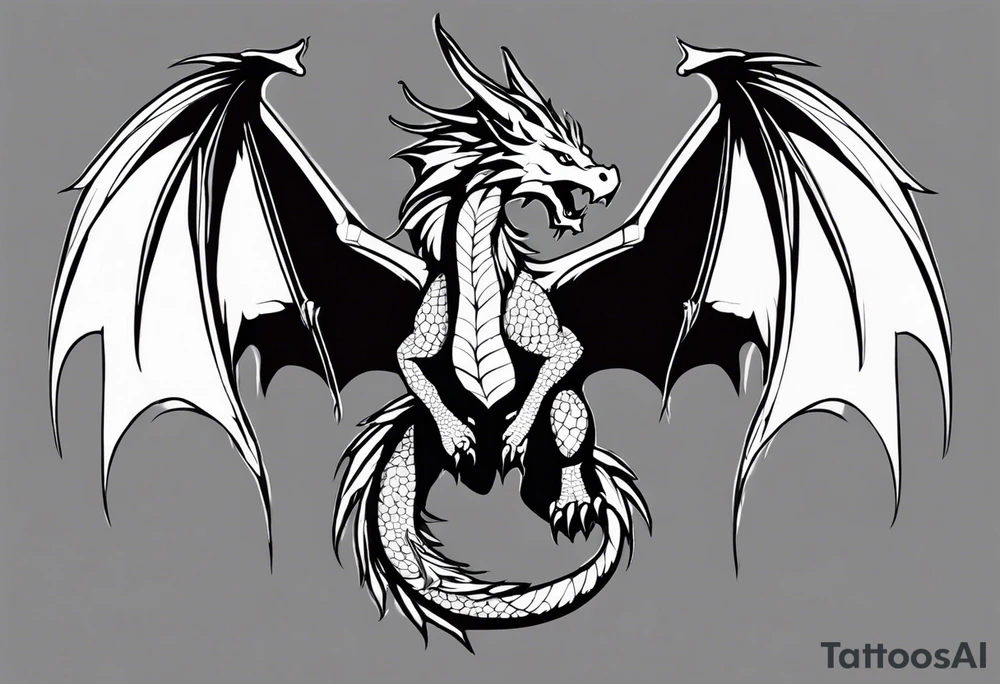 Symmetrical, Realistic dragon, facing forward. With both wings spread out. Torn look to wings. Tails wraps down and has a morning star weapon at the end of tail. The tattoo would be suitable for the centre of a chest tattoo idea