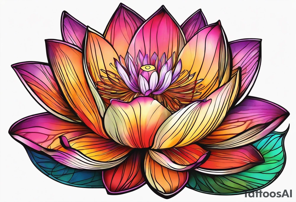 Vibrant colorful lotus flower at night time tattoo idea