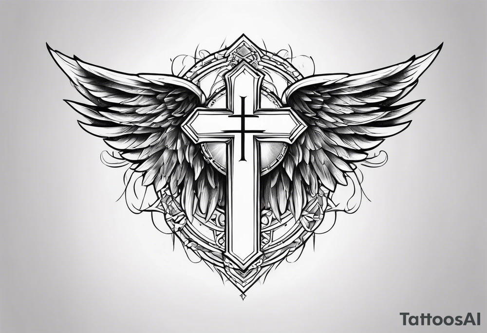 angel wings tattoo with a cross and the letters DJ in it tattoo idea