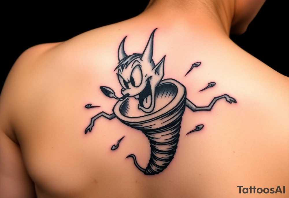 LOONEY toons tazmanian devil with half his body a tornado add initials BD, TD, LJ, MA, HE in the tornado on an upper arm tattoo idea