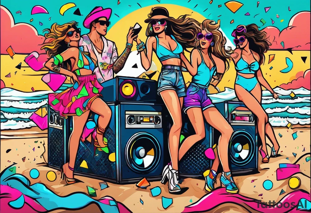 1980's style dance party with boom box and confetti in a beach theme. include people in 80's miami beach clothes, music note. tattoo idea