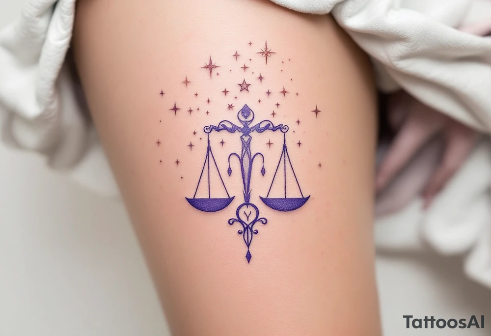 Rose gold stars connect the Libra constellation above a floating Libra symbol in soft violet. tattoo idea