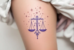 Rose gold stars connect the Libra constellation above a floating Libra symbol in soft violet. tattoo idea