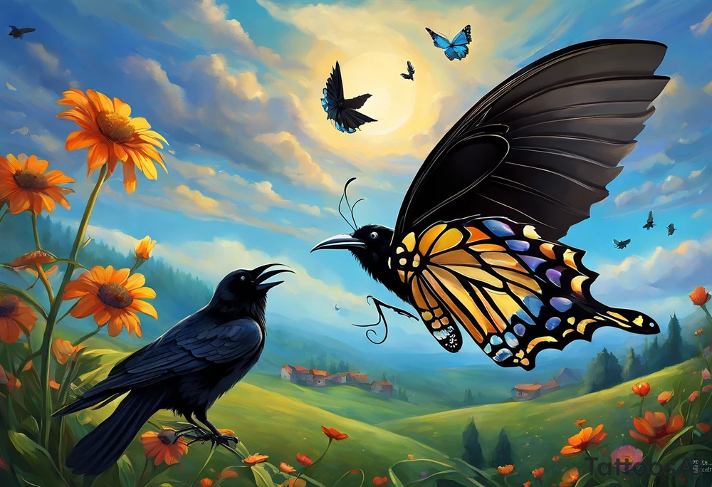A butterfly flies towards the sky. Below the butterfly, a raven flies towards the sky. 
The butterfly and the raven are the same size
In the background is the name Malia.
In the background is the name SKF.
The number 89 can be seen in the background.
There is also a scorpion in the wing of the butterfly.
This tattoo is black and white and on the arm. tattoo idea