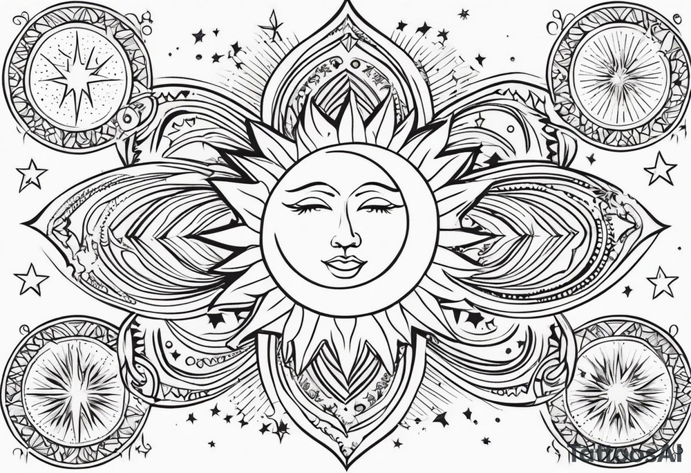 Western sun stars and moon. Mirrored with swirls and dots and stars tattoo idea