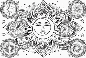 Western sun stars and moon. Mirrored with swirls and dots and stars tattoo idea