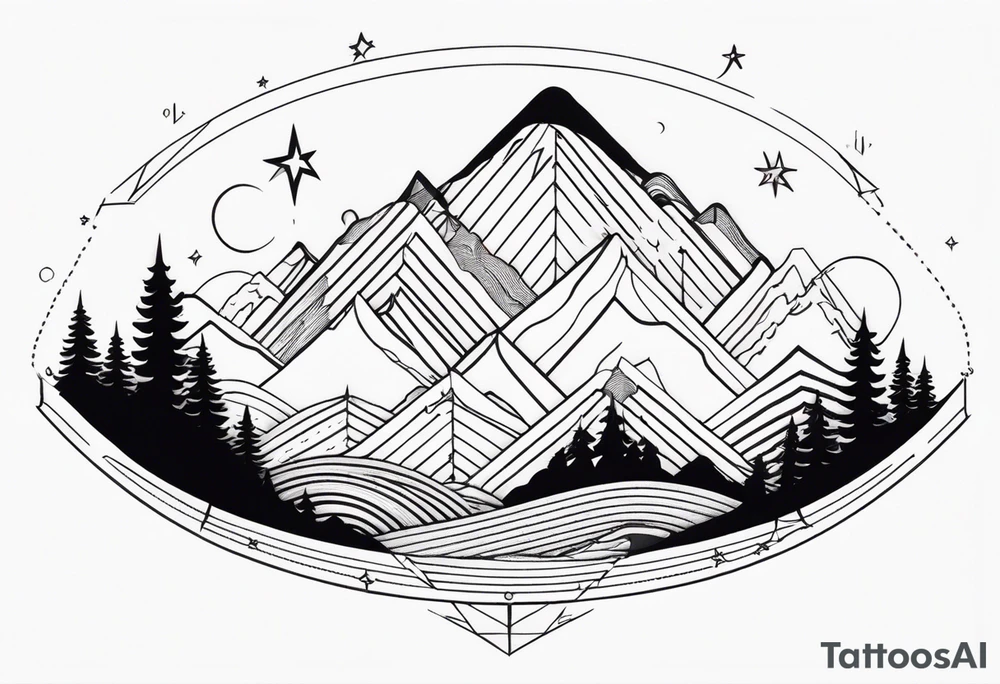 Mountain one Peak, Peak surrounded woth semi circle dashed Line, in semi circle two littel fine Stars coloured, waves overlapping in Side, Open geometrical Forms as frame tattoo idea