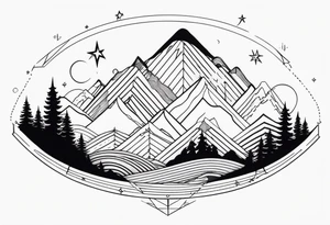 Mountain one Peak, Peak surrounded woth semi circle dashed Line, in semi circle two littel fine Stars coloured, waves overlapping in Side, Open geometrical Forms as frame tattoo idea