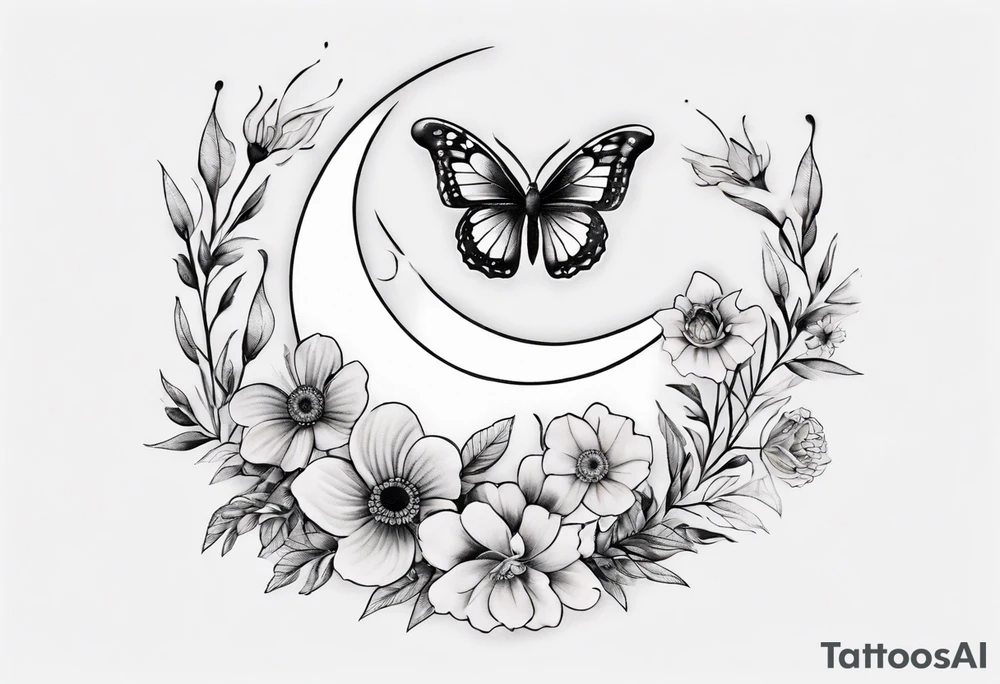 tattoo with floral and butterflies and moon tattoo idea