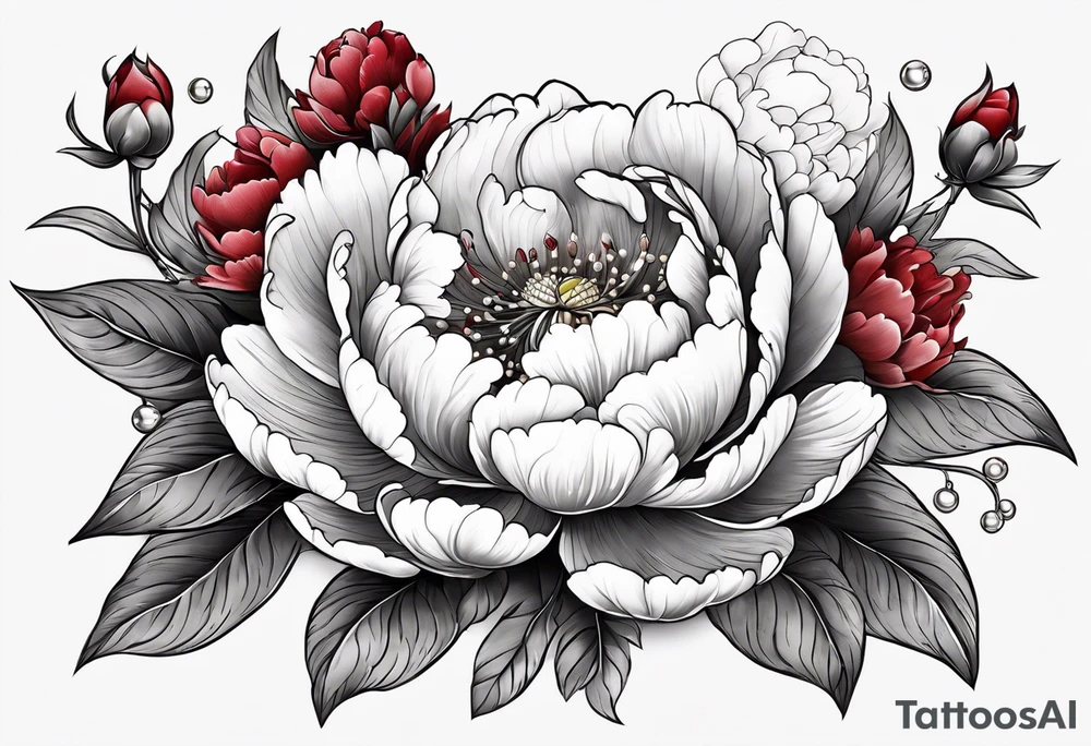 Red peony with a pearls and bunny dangling tattoo idea
