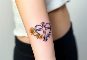 Yellow daisy Purple Hearts around a cross tattoo idea