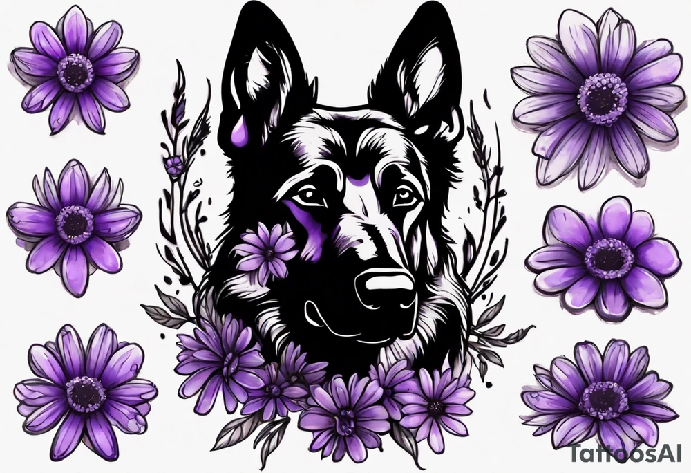 Dark brown German Shepherd with purple daisies tattoo idea