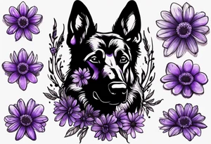 Dark brown German Shepherd with purple daisies tattoo idea
