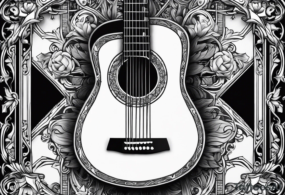 detailed christian cross with acoustic guitar tattoo idea