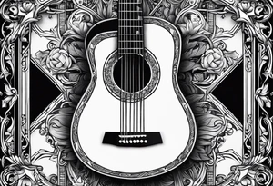 detailed christian cross with acoustic guitar tattoo idea