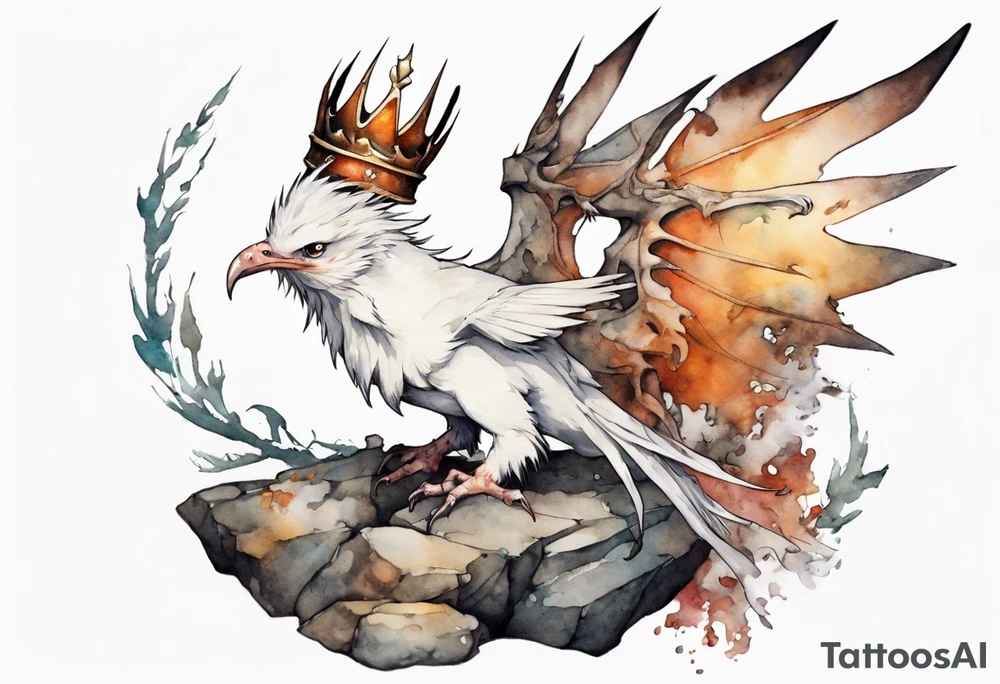 a white bird-wyvern hybrid, wearing a rusted crown, perched on a stone tattoo idea