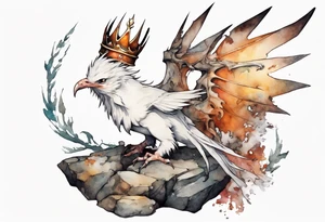 a white bird-wyvern hybrid, wearing a rusted crown, perched on a stone tattoo idea