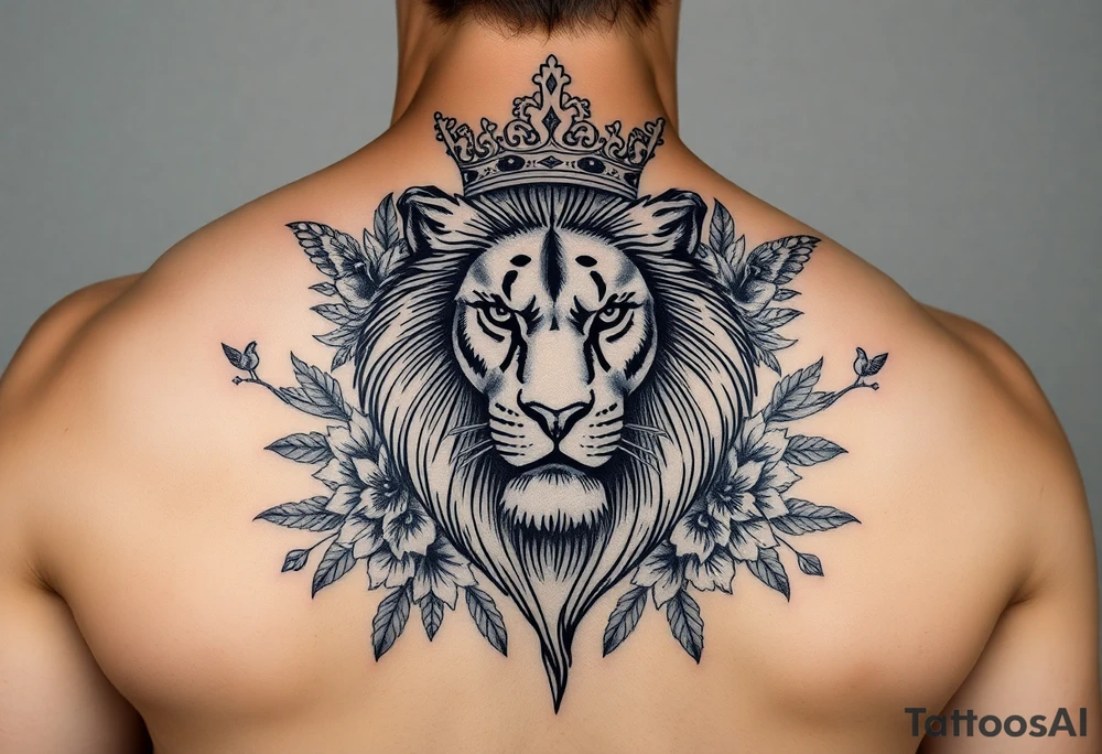 powerful majestic lion with a crown, surrounded by floral ornaments and birds tattoo idea